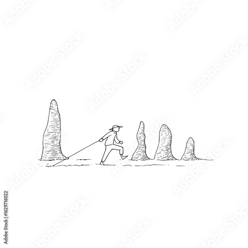 Person with hat and rope walking between rock formations in a black and white line drawing style image