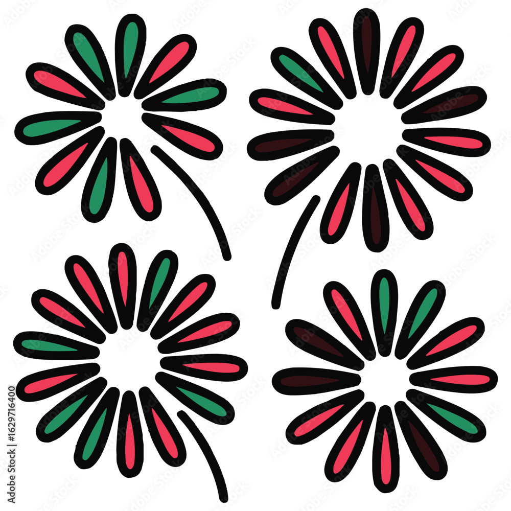 Fototapeta premium Four stylized floral bursts with alternating red and green petals against a white background creating a festive and celebratory feel