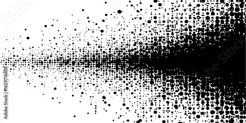 Abstract grunge background with black and white paint splats, vector texture, and halftone dot patterns