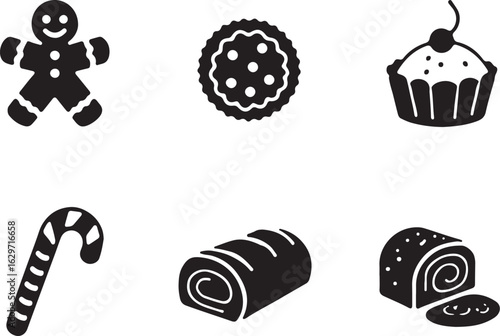 Charming holiday treats including gingerbread man, cookie, cupcake, candy cane, swiss roll