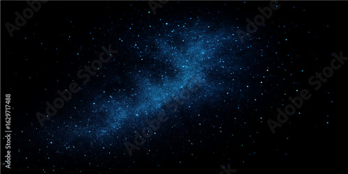 An abstract blue space background with a dark, starry galaxy and glowing nebula