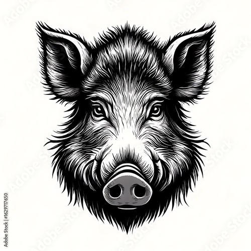 Detailed black and white illustration of a fierce wild boar head