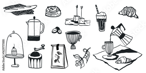Coffee breakfast food doodle hand drawn in simple line style. Vector whimsical illustration for party, menu illustration design, restaurant, cafe.