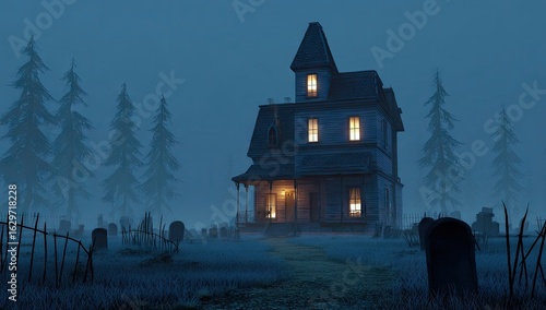 Haunted house at night in foggy cemetery