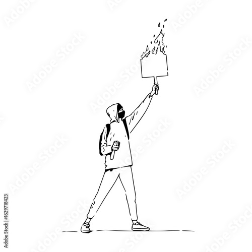 Illustration of a person in a hoodie and mask holding a burning sign in the air with one hand up