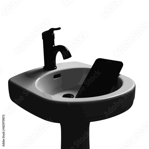 Silhouette of smartphone in bathroom sink, digital minimalism