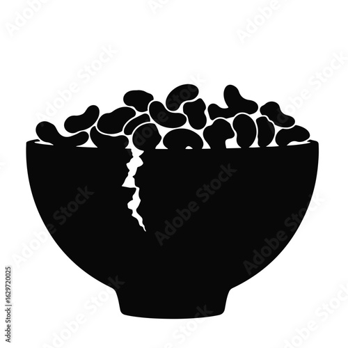 Cracked black bowl with cereal flakes on white background, symbolism of fragility