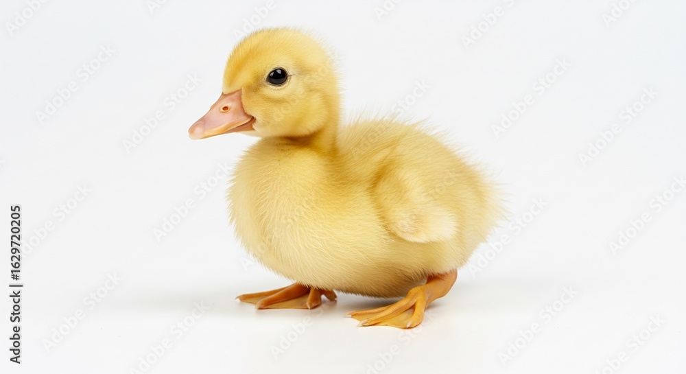Fototapeta premium Fluffy yellow duckling sits softly lit against white background. AI Generated
