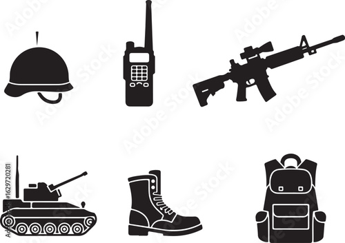 Military gear icons helmet rifle radio tank boot backpack for tactical themes