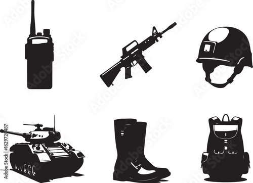 Military gear icons tank rifle helmet boots backpack radio communication