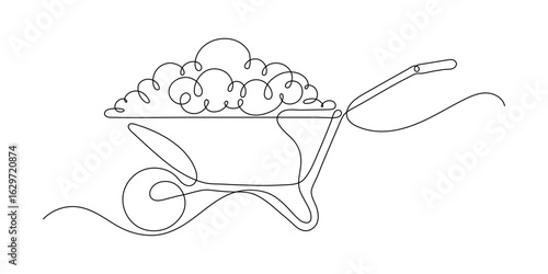 Wheelbarrow with soil. Farming and agriculture. Continuous line drawing. 