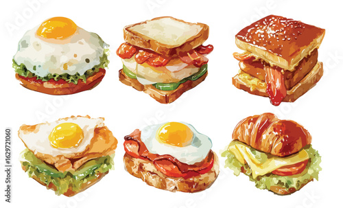 Set of breakfast sandwiches watercolor illustration 