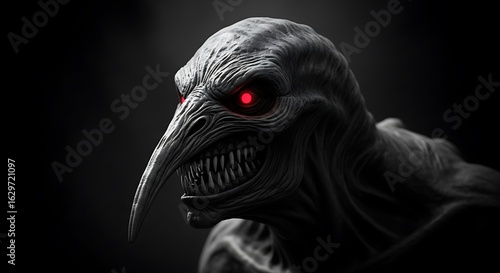 Terrifying creature with glowing red eyes and sharp teeth in a dark ominous and detailed close up portrait
