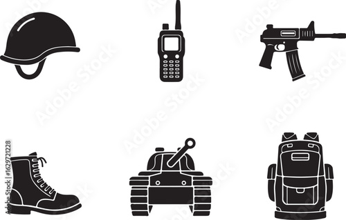 Military gear icons: helmet, radio, rifle, boot, tank, backpack
