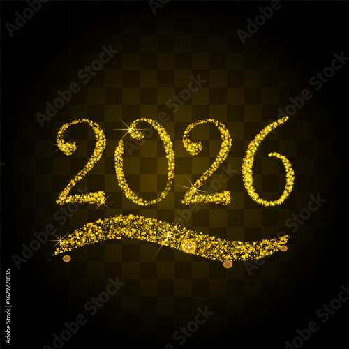 golden particles wave in form of 2026 digits with bright shining and glowin particles isolated on transparent background. Glitter bright trail, glowing wave vector illustration