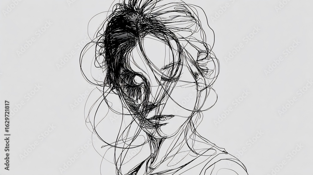 Fototapeta premium Abstract Line Drawing of a Woman's Face. Intricate lines create a portrait, suggesting emotion and mystery. The style is minimalist yet expressive