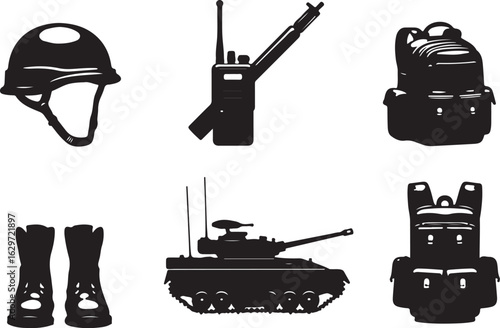 Military gear icons: helmet, radio, backpack, boots, tank