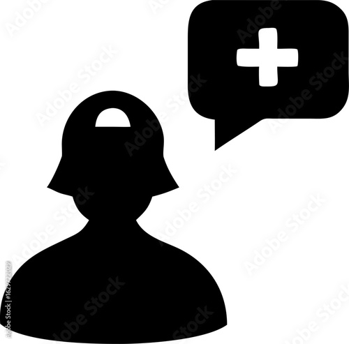 "Silhouette of a virtual nurse avatar with medical cross and speech bubble"