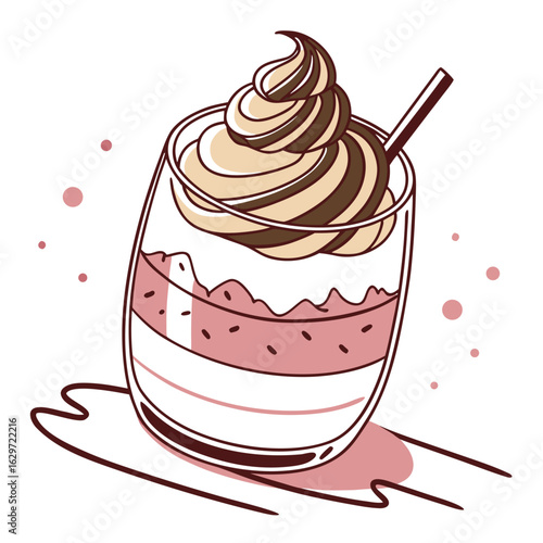 Stylized dalgona coffee drink with whipped cream and straw beverage