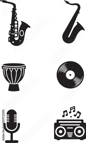 Vibrant music icons capture sound, rhythm, and performance spirit
