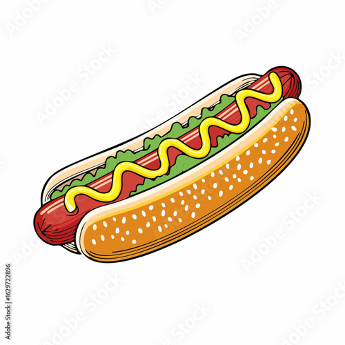 Hotdog delight: A close-up shot of a mouthwatering hotdog, with a juicy sausage nestled in a soft bun, adorned with vibrant mustard and a touch of fresh lettuce. A perfect image of simple delight.