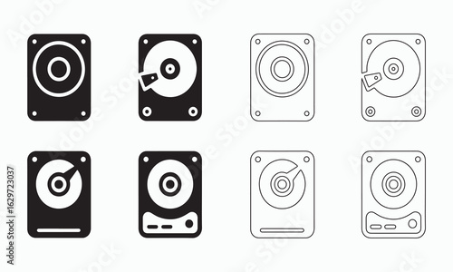 Vector Illustration of Hard Drive Icons in Black and White
