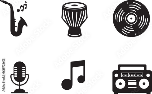 Retro music icons collection for vibrant sound and entertainment themes
