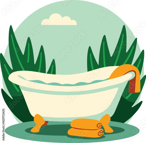 Cozy clawfoot bathtub with towels tropical leaves sun illustration