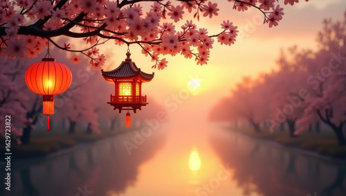  serene sunset scene featuring a glowing red Chinese lantern gently swaying from a cherry blossom branch, with golden sunlight filtering through the petals and a soft gradient sky in the background