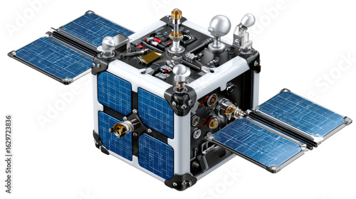 CubeSat: The miniature satellite, with deployed solar panels, exemplifies technological innovation in space exploration. This detailed photorealistic image shows the components of the satellite.