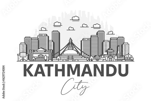 Kathmandu, Nepal architecture line skyline illustration with shadows. Linear vector cityscape with famous landmarks, city sights, design icons.