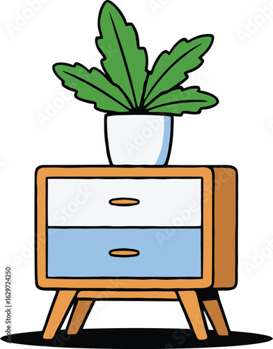 Wooden nightstand with potted plant vector illustration