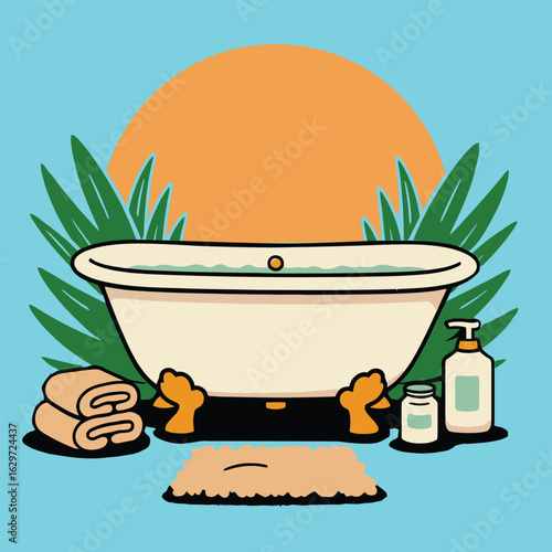 Cozy clawfoot bathtub with towels tropical leaves sun illustration