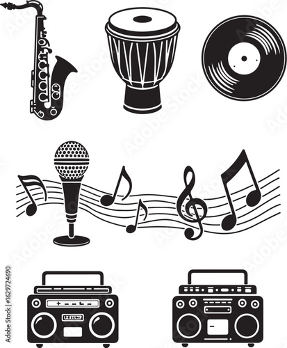 Vintage music icons jazz sax djembe vinyl mic boombox party sounds