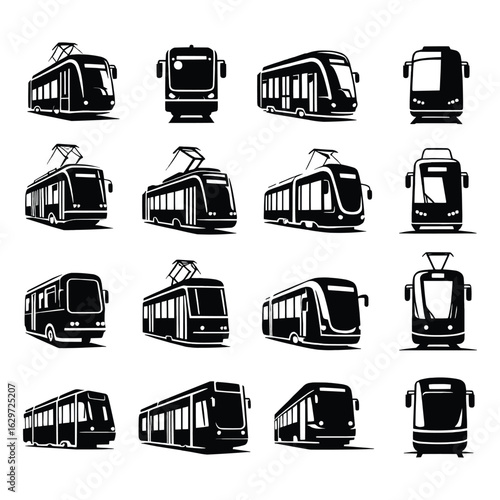 Collection of modern tram and streetcar vehicle silhouettes showcasing diverse designs and angles for public transportation concepts
