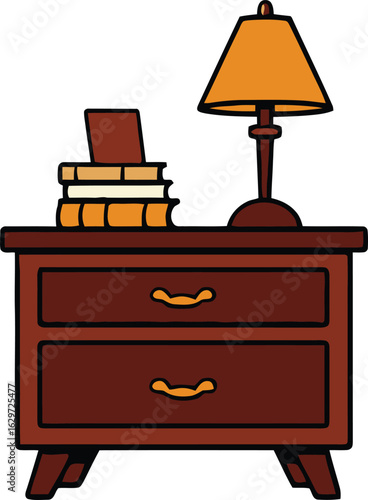Wooden nightstand with lamp and books vector illustration