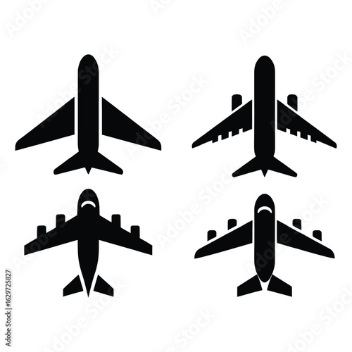 Collection of four distinct airplane silhouettes showcasing different aerial perspectives and designs for travel and aviation concepts silhouette