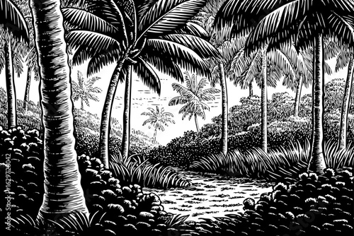 Tropical island forest with coconut palms and thick bushes, black and white sketch illustration