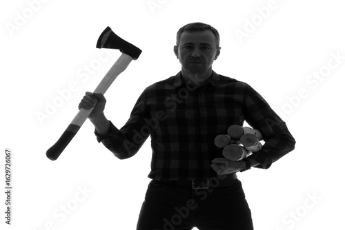 Silhouette of mature man with axe and wood on white background