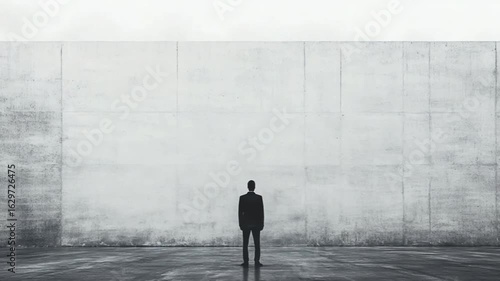 Confronting the Concrete: Man in Suit Faces a Massive Wall of Obstacles
