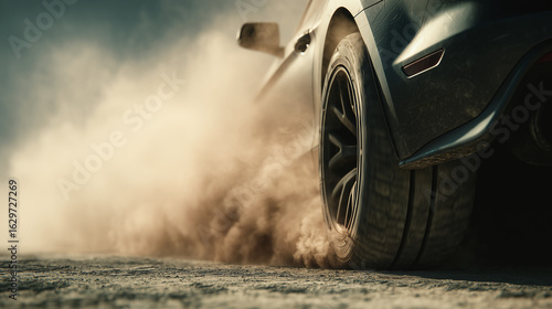 Extreme close-up of rear tire mid-drift on textured asphalt surface with dust and smoke
