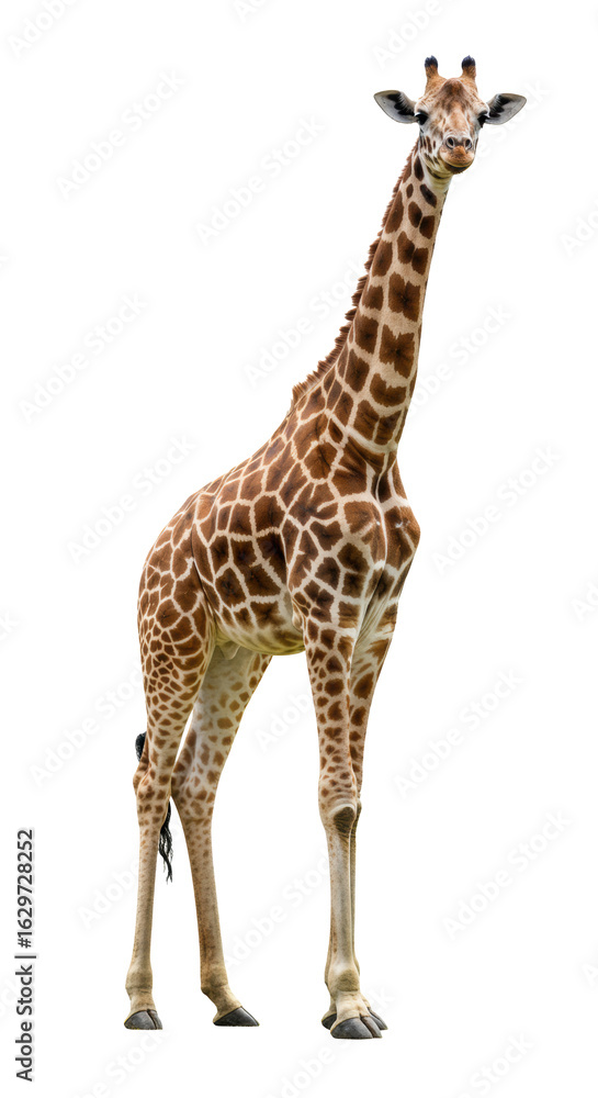 Fototapeta premium Adult majestic giraffe with unique brown patches, long neck, and ossicones, standing tall on a transparent studio background with copy space, looking at viewer. Corporate leadership concept
