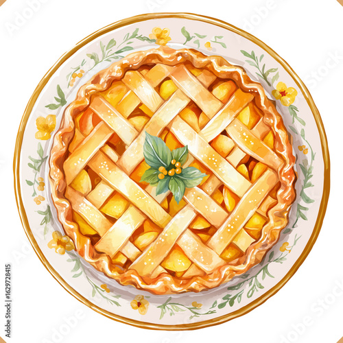 Vector illustration of apple pie top view with golden crust and flower decoration on white background. Vector illustration of autumn dessert on white background, flatlay