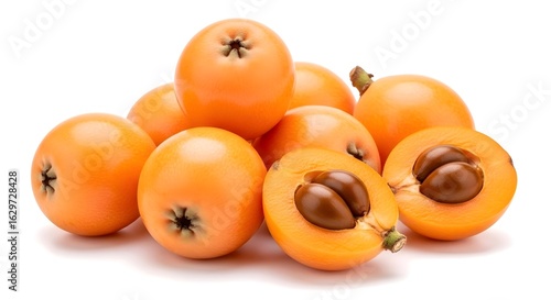 A pile of fresh orange persimmons, with two cut open to reveal their brown seeds and pits inside. AI Generated