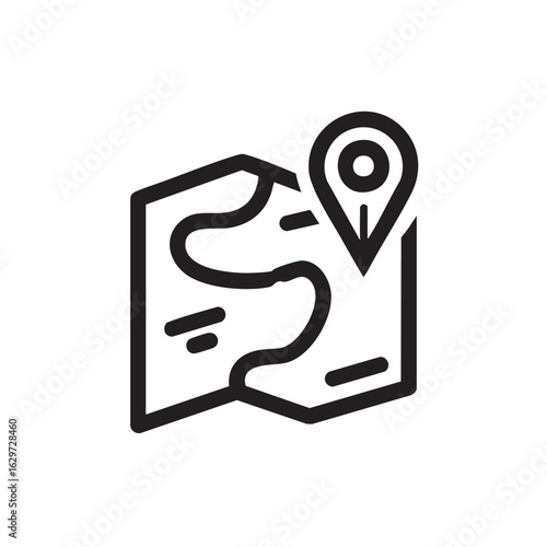 A black and white line drawing of a map with a location pin.