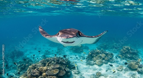 Graceful ray glides through vibrant coral reef bathed in sunlight. AI Generated