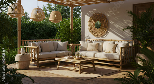 Relaxing outdoor bamboo furniture set under a pergola. Beige cushions on a set of stylish bamboo sofas and coffee table, located in a tropical garden setting.