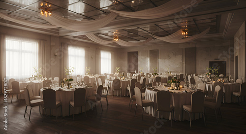 A beautifully lit banquet hall, complete with tables set for a large wedding or corporate dinner, showcases a calm and refined atmosphere for event planning ads.
