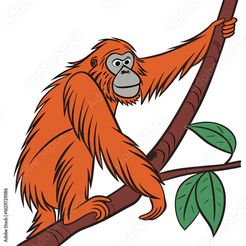 Cute cartoon orangutan climbing on a tree branch isolated on white background