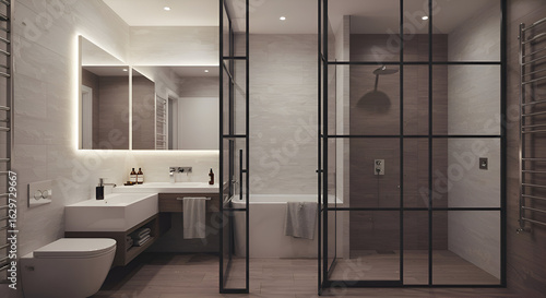 Modern bathroom with neutral tones featuring a glass shower enclosure with metal framing. Clean, minimalist design with a vanity, bathtub and toilet.